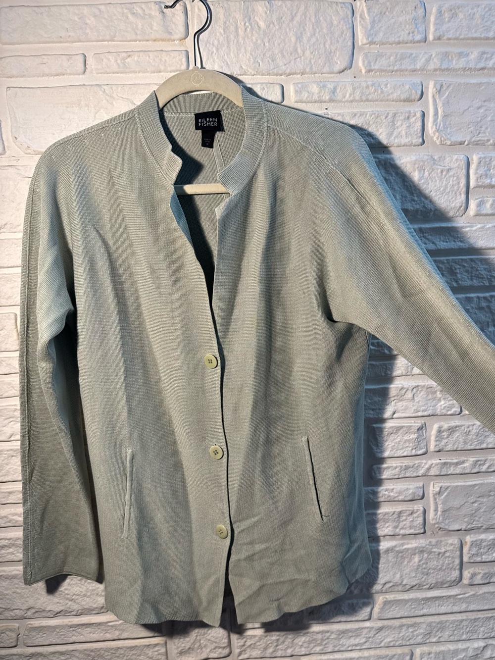 Eileen Fisher Light Sage Mint Green Button-Front Knit Sweater